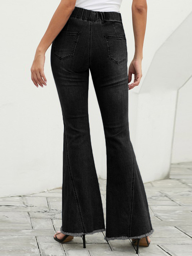 Attractive Elastic Waist Solid Color Bell Bottom ladies Jeans