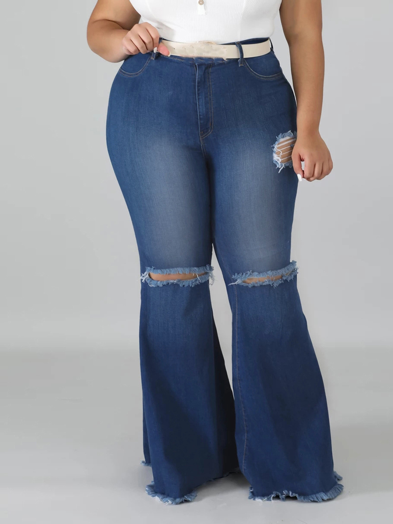 Vivacious Solid Knee Hole Plus Size Bell Bottom Jeans