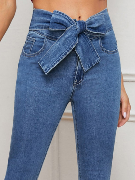 Chic Bow Belt High Waist Fitted Flare Jeans