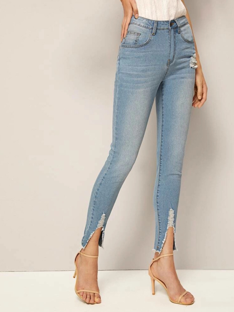 Split Hem High Waist Light Blue Skinny Custom Made Jeans