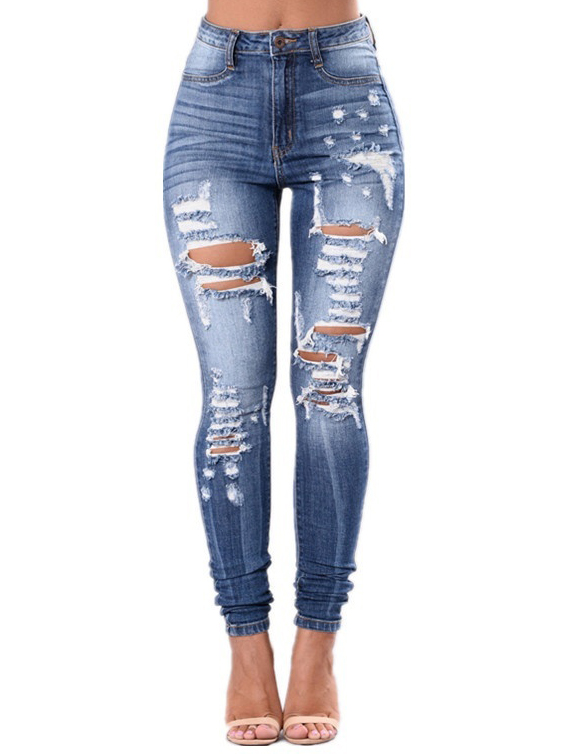 Attractive Mid Waist Ripped Pencil Jeans For Women
