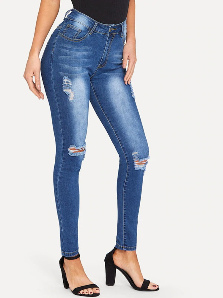 Casual High Waist Skinny Ripped Custom Made Jeans