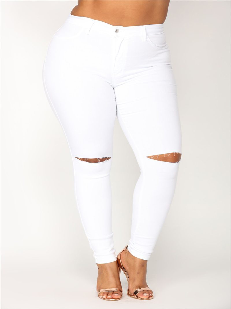 Simple White Plus Size Ripped Jeans for women