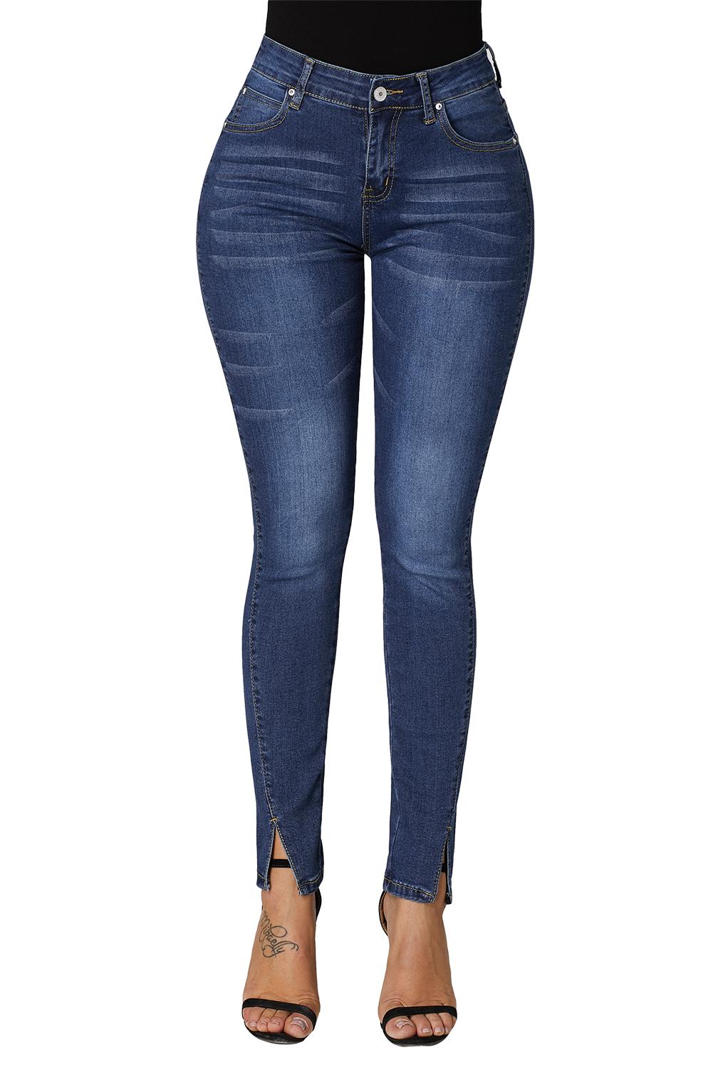 Fashionable Blue Slit Front Skinny karve jeans for Women