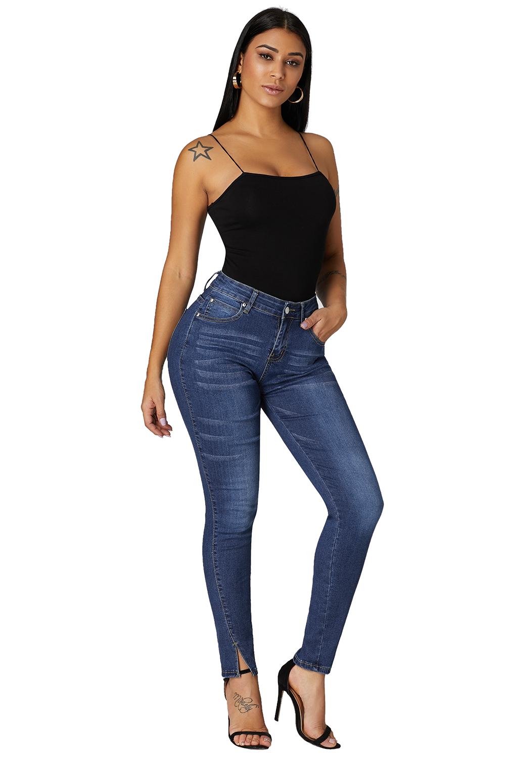 Fashionable Blue Slit Front Skinny karve jeans for Women
