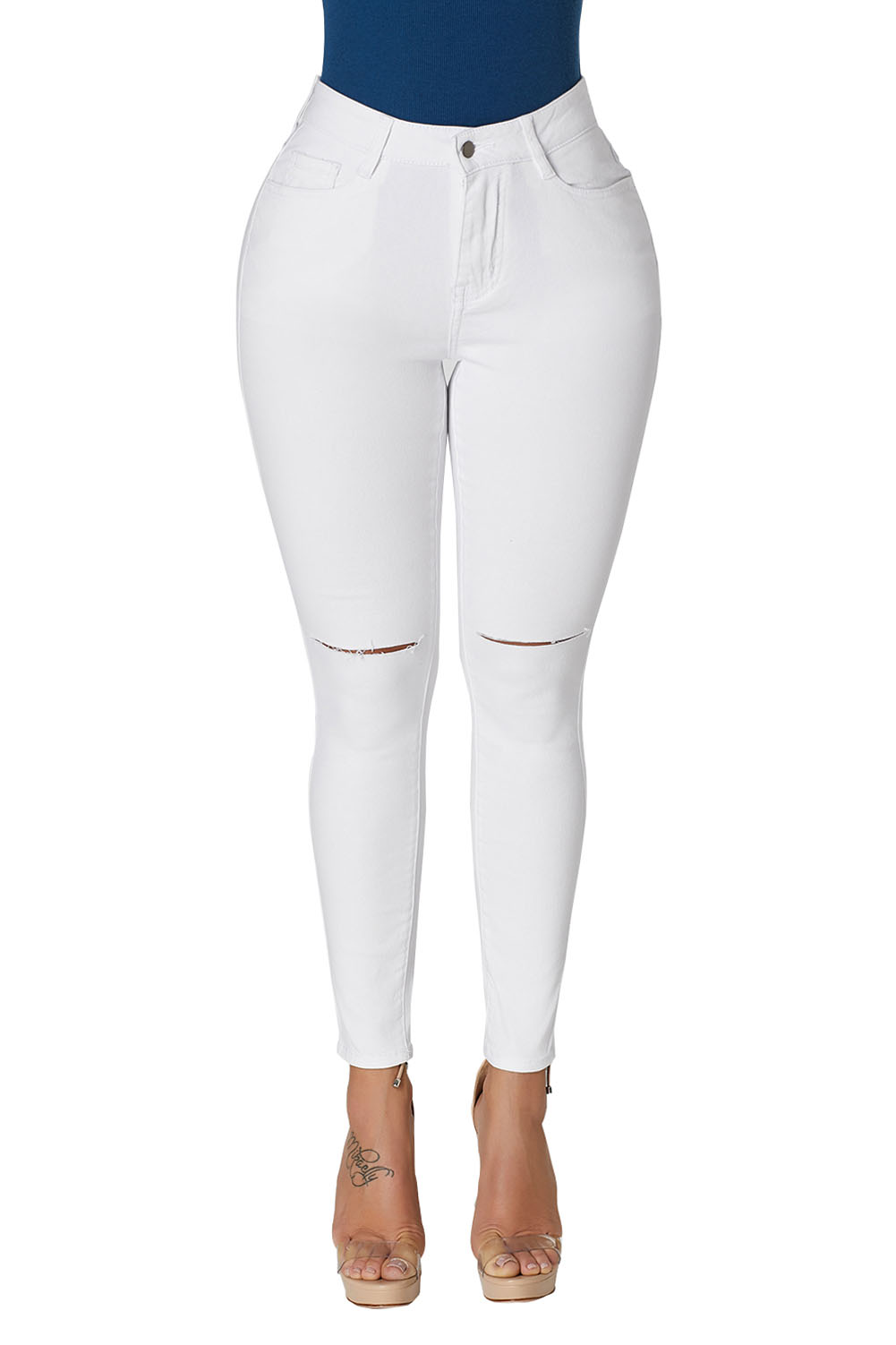 Vivacious White Trendy Slit Knee Denim Pants