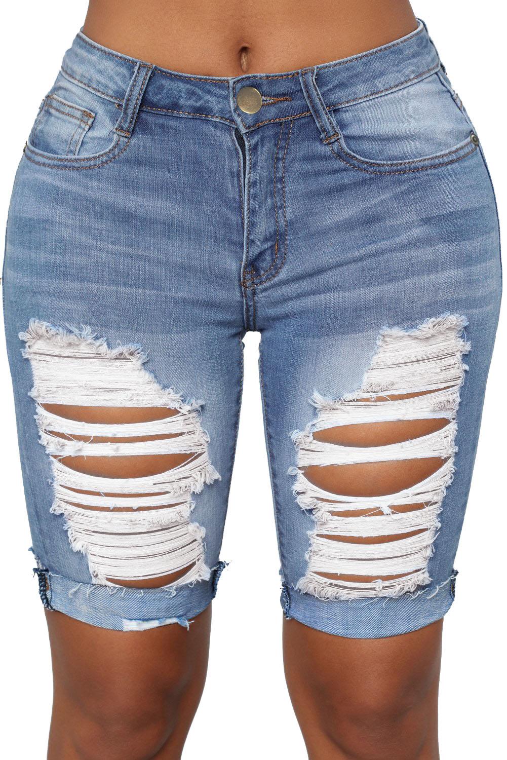 Elegant Turn Up Cuffs Above-knee Length Ribbed Jeans