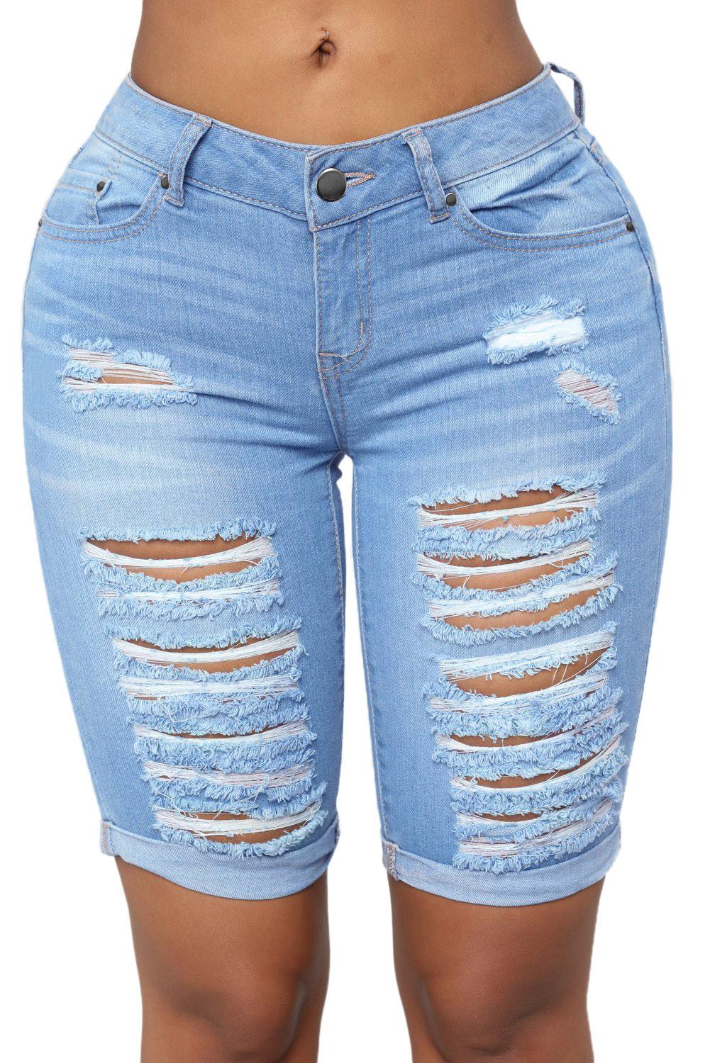 Fashionable Light Blue Denim Ripped Bermuda Shorts