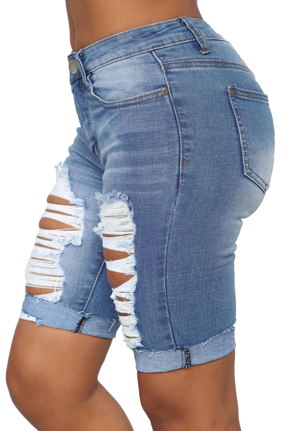Elegant Turn Up Cuffs Above-knee Length Ribbed Jeans