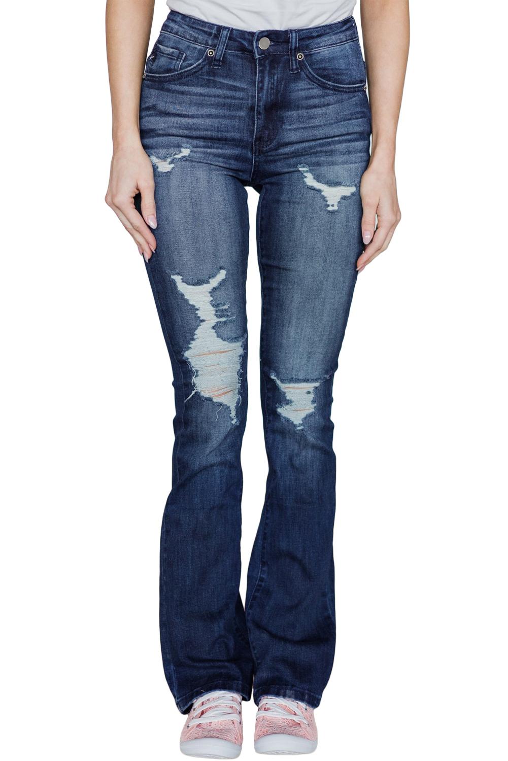 Graceful Dark Blue Ripped Denim Boot Cut Jeans