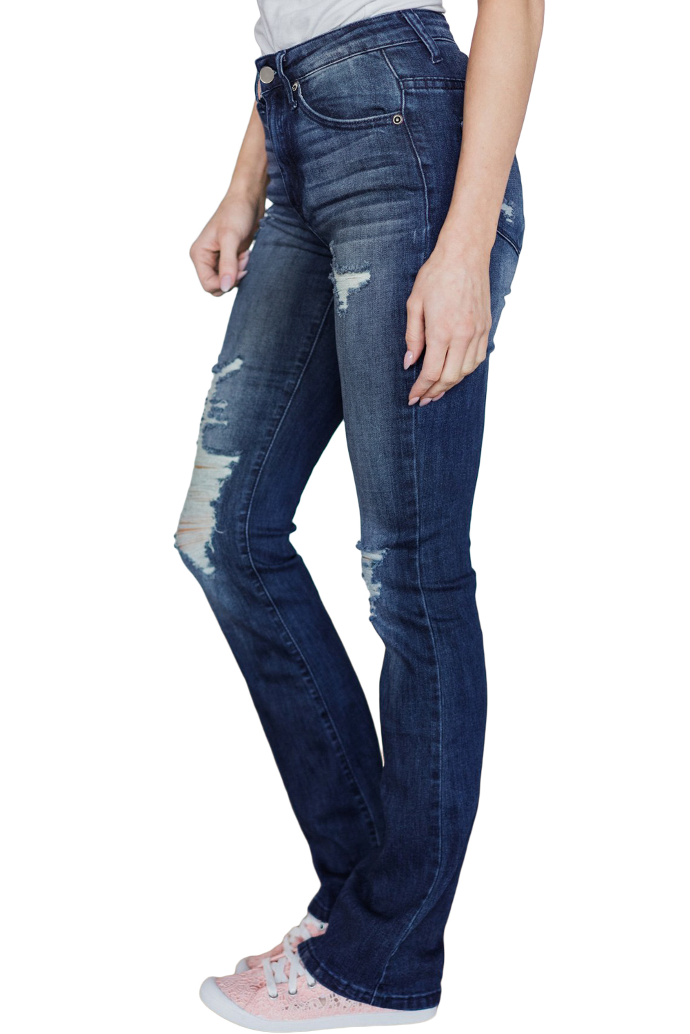 Graceful Dark Blue Ripped Denim Boot Cut Jeans