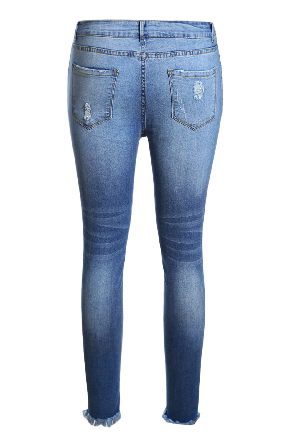 Elegant Faded Medium Blue Wash Distressed Jeans