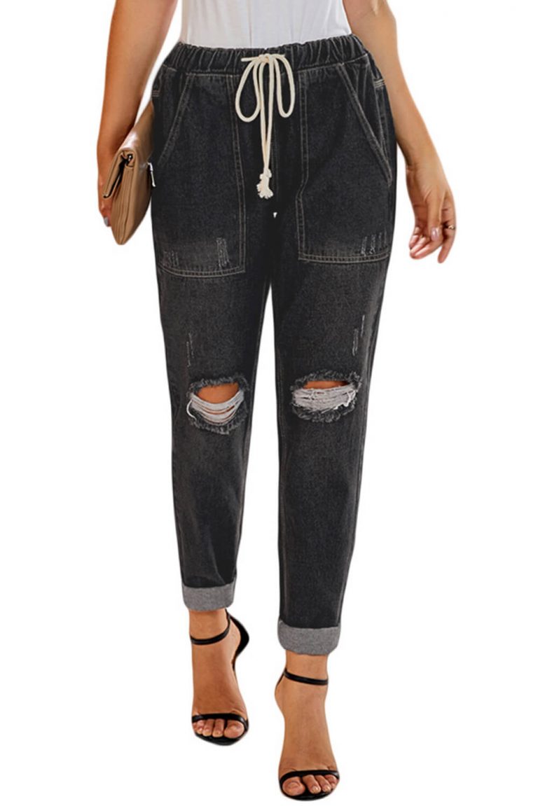 distressed pocketed denim joggers