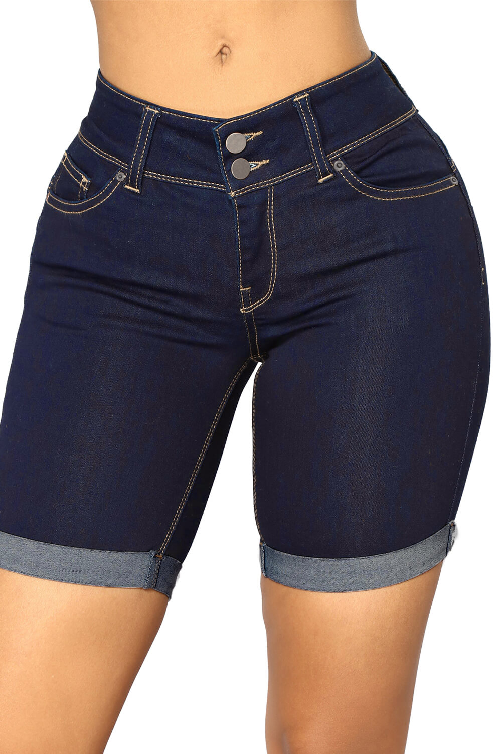 Elegant Roll Up Cuffs Dark Denim Bermuda Shorts