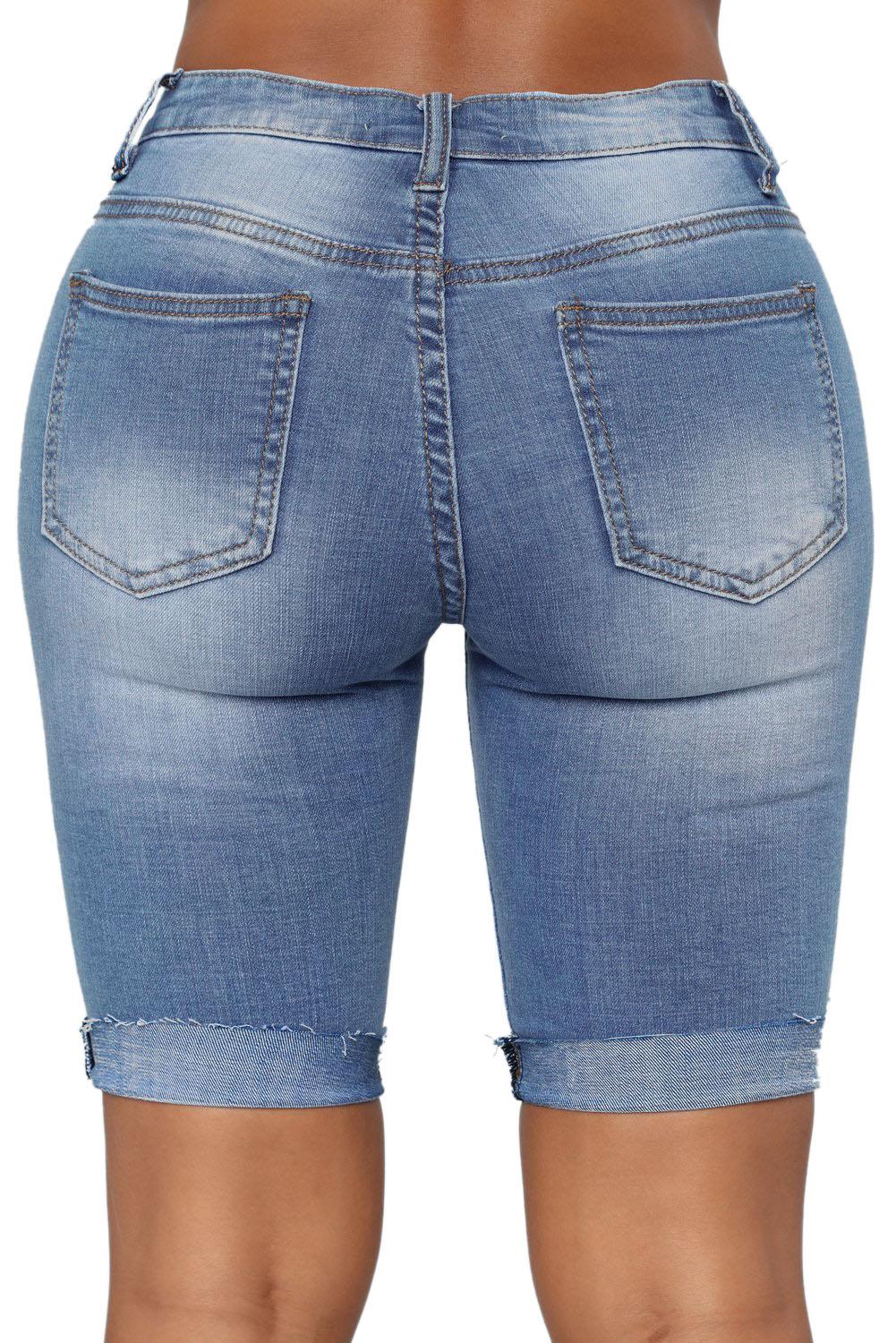 Elegant Turn Up Cuffs Above-knee Length Ribbed Jeans