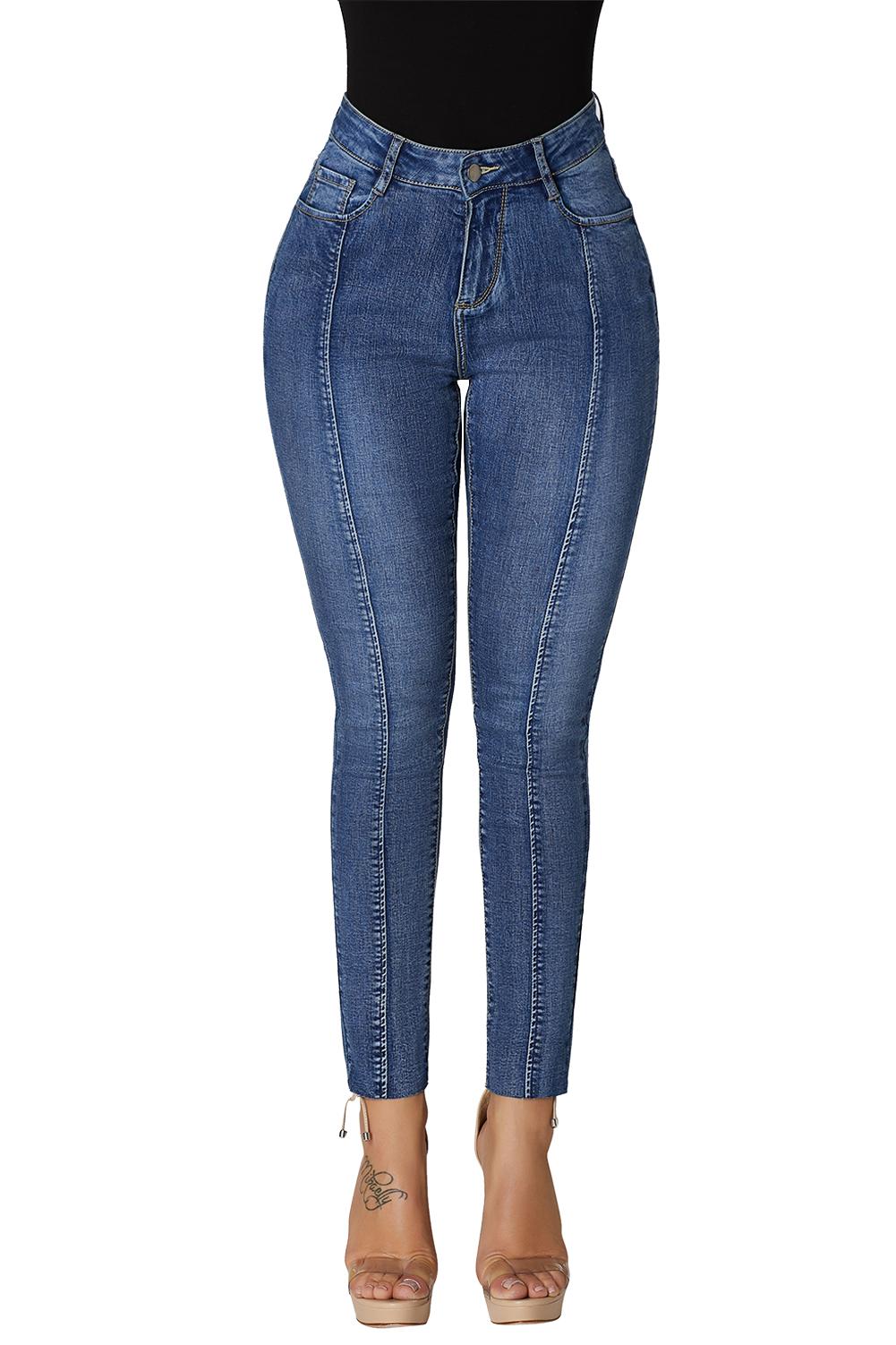 Fashionable Retro Blue Designful Seam Accent Raw Hem Jeans