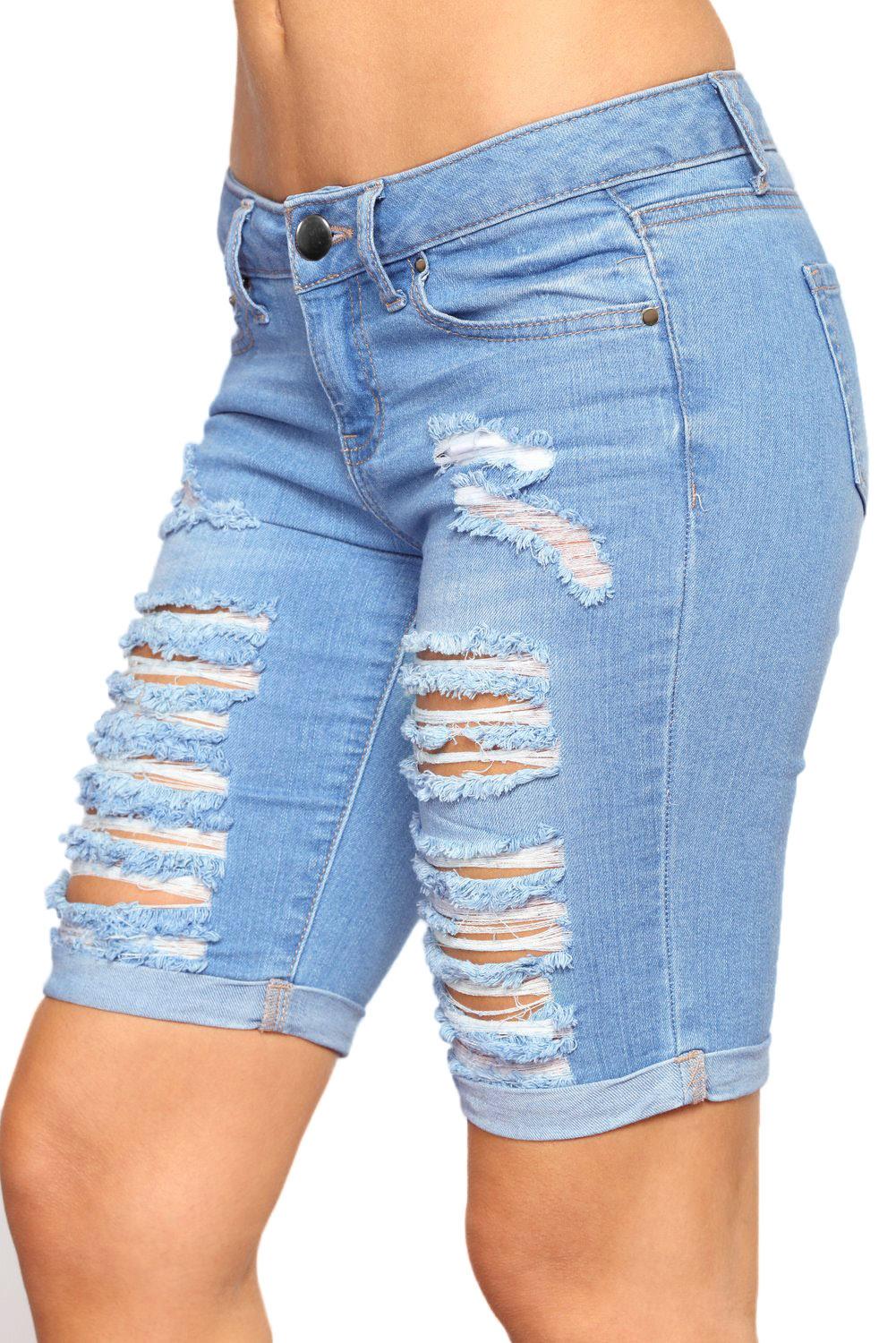 Fashionable Light Blue Denim Ripped Bermuda Shorts