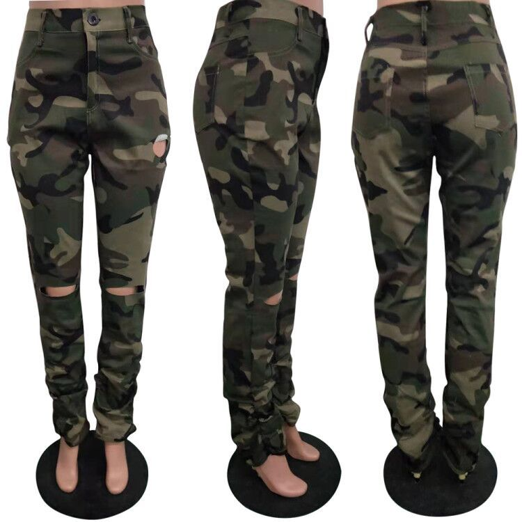 Fashion Pencil Jeans Women High Waist Knee Hole Camouflage Stacked ...